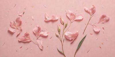 The primary subject of the image is a bouquet of pink flowers. The flowers are arranged in a visually appealing manner, with some petals falling off, adding a touch of natural beauty to the scene. The setting is a pink background, which complements the flowers and creates a harmonious visual style. The overall atmosphere is serene and elegant, with the pink flowers being the main focus of the image.