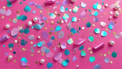 The primary subject of the image is a pink background with a variety of pink, blue, and gold confetti scattered across it. The confetti is in different shapes and sizes, creating a visually appealing and colorful scene. The setting appears to be a creative and artistic environment, possibly for a celebration or event. The visual style of the image is a combination of photo and digital art, as the confetti is arranged in a way that resembles a painting or drawing. The colors and mood of the