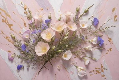 The primary subject of the image is a bouquet of flowers, predominantly white and pink, arranged on a pink marble surface. The setting appears to be a modern, artistic environment, possibly a gallery or a contemporary interior design. The visual style of the image is a combination of photo and digital art, creating a unique and eye-catching display. The colors and mood of the image are predominantly warm and inviting, with the white and pink flowers adding a touch of elegance and sophistic