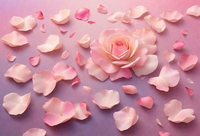 The primary subject of the image is a single pink rose, which is the focal point of the scene. The rose is surrounded by a scattering of pink petals, creating a visually appealing and delicate atmosphere. The setting is a purple surface, which serves as a contrasting background to the rose and petals. The visual style of the image is a close-up of the rose, emphasizing its beauty and details. The colors and mood of the image are predominantly pink, conveying