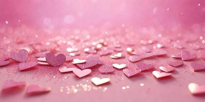 The primary subject of the image is a pink background with a scattering of pink hearts. The hearts are scattered all over the pink surface, creating a visually appealing and playful scene. The setting appears to be a pink background, which adds to the overall mood and visual style of the image. The colors and mood of the image are predominantly pink, creating a warm and inviting atmosphere.