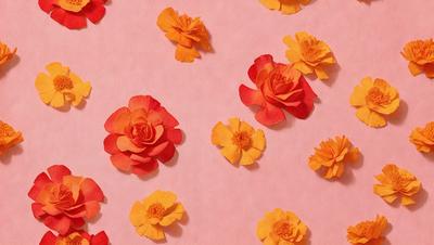 The primary subject of the image is a close-up of a pink background with a pattern of red and yellow flowers. The flowers are scattered across the background, creating a visually appealing and vibrant scene. The setting appears to be a pink surface, possibly a wall or a table, with the flowers as the main focus. The visual style of the image is a combination of photo and digital art, as it captures the beauty of the flowers in a realistic yet artistic manner. The dominant colors in the image are