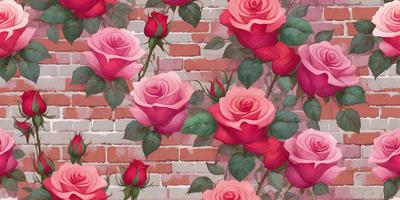 The primary subject of the image is a brick wall with a pattern of pink roses painted on it. The setting is a brick wall, and the visual style is a painting or drawing. The dominant colors are pink and red, creating a warm and inviting atmosphere.