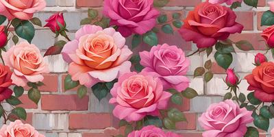 The primary subject of the image is a beautiful arrangement of pink and orange roses. The roses are displayed in a vase, and they are placed on a brick wall, creating a visually appealing scene. The setting is a combination of a brick wall and a vase, which adds a rustic and natural touch to the overall atmosphere. The visual style of the image is a painting, which gives it a more artistic and detailed appearance. The dominant colors in the painting are pink and orange, which evoke a sense