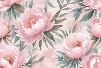 The primary subject of the image is a group of pink flowers, which are the main objects in the scene. The flowers are arranged in a pattern, creating a visually appealing design. The setting is a pink and white floral background, which adds to the overall mood of the image. The visual style of the image is a combination of digital art and illustration, giving it a unique and artistic appearance. The dominant colors in the image are pink and white, creating a warm and inviting atmosphere.