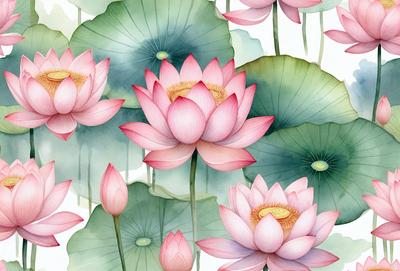 The primary subject of the image is a group of water lilies, which are the main objects in the scene. The setting is a water surface, and the visual style is a combination of a painting and a digital art. The dominant colors in the image are pink and green, creating a serene and calming atmosphere.