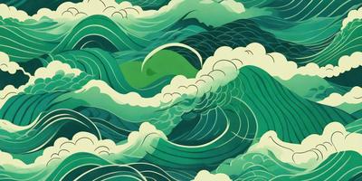 The primary subject of the image is a large wave with a green background. The wave is depicted in a vibrant green color, which adds a lively and dynamic atmosphere to the scene. The visual style of the image is a combination of digital art and illustration, creating a captivating and engaging representation of the ocean wave.