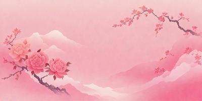The primary subject of the image is a pink flower, which is the main focus of the scene. The setting is a mountainous landscape, with a pink sky and a branch with flowers in the foreground. The visual style of the image is a combination of digital art and illustration, creating a vibrant and artistic atmosphere. The dominant colors in the image are pink and purple, giving the scene a warm and serene mood.