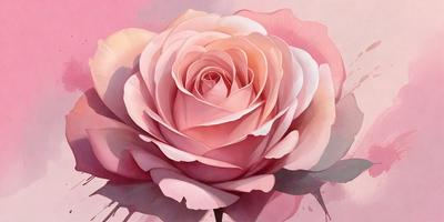 The primary subject of the image is a single pink rose. The rose is the main focus of the image, and it is displayed against a pink background. The visual style of the image is a painting, which gives it a more artistic and detailed appearance. The dominant colors in the image are pink, which is the color of the rose, and white, which is the color of the background. The overall atmosphere of the image is romantic and elegant, as the pink rose is a classic symbol of love and beauty.