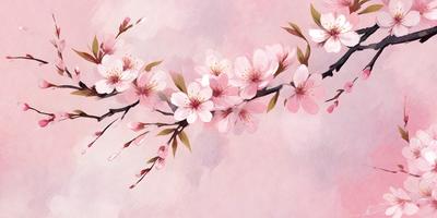 The primary subject of the image is a branch with pink flowers on it. The setting is a pink background, which adds to the overall mood of the scene. The visual style is a watercolor painting, giving the image a unique and artistic appearance. The dominant colors are pink and white, creating a soft and delicate atmosphere.