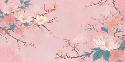 The primary subject of the image is a beautifully painted pink flower branch with white flowers. The setting is a pink background, which adds to the overall mood of the scene. The visual style is a combination of digital art and illustration, creating a vibrant and artistic representation of the flower branch. The colors and mood of the image are predominantly pink and serene, evoking a sense of tranquility and natural beauty.