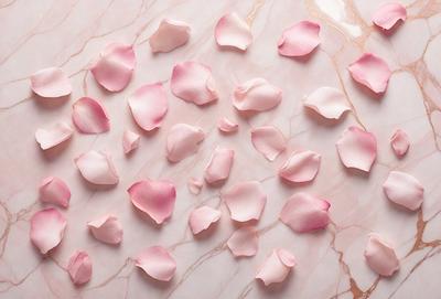 The primary subject of the image is a pink rose petal. The setting is a marble table, and the visual style is a close-up of the rose petal. The dominant colors are pink and white, creating a delicate and elegant atmosphere.