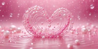 The primary subject of the image is a heart-shaped sculpture made of pink and white beads. The heart is placed on a pink surface, which serves as the setting for the scene. The visual style of the image is a combination of photo and digital art, creating a unique and artistic representation of the heart. The colors and mood of the image are predominantly pink and white, giving it a warm and inviting atmosphere.