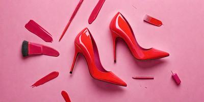 The primary subject of the image is a pair of red high heels. The setting is a pink background, which creates a contrast with the red heels. The visual style is a close-up of the heels, showcasing their design and color. The colors and mood of the image are predominantly pink and vibrant, giving the scene a lively and feminine atmosphere.