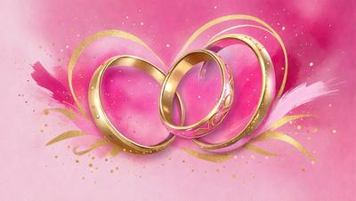The primary subject of the image is a pair of gold wedding rings. The rings are placed on a pink background, which adds a romantic and elegant touch to the scene. The visual style of the image is a combination of digital art and illustration, creating a beautiful and intricate design. The colors and mood of the image are predominantly pink, which symbolizes love and affection, and the overall atmosphere is one of celebration and happiness.