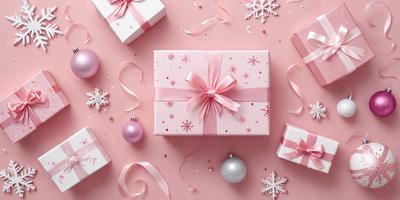 The primary subject of the image is a pink bowed gift, which is placed on a pink background. The setting is a festive and colorful environment, with snowflakes and other decorations surrounding the gift. The visual style is a combination of photo and digital art, creating a vibrant and lively atmosphere. The colors and mood are predominantly pink, which adds a sense of warmth and celebration to the scene.