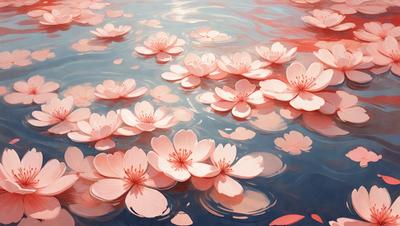 The primary subject of the image is a group of pink flowers floating on the surface of a body of water. The flowers are scattered throughout the scene, creating a visually appealing and serene atmosphere. The setting is a body of water, which could be a lake, river, or pond. The visual style of the image is a combination of digital art and illustration, with the flowers and water appearing to be painted or drawn. The colors and mood of the image are predominantly pink, which gives the scene a