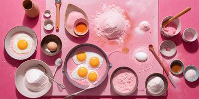 The primary subject of the image is a table with various ingredients and utensils for making eggs. The table is covered with a pink surface, and there are multiple bowls containing different ingredients. There are also several spoons and a knife placed around the table. The setting appears to be a kitchen, and the visual style is a photo. The colors and mood of the image are warm and inviting, with the pink table and the assortment of ingredients creating a cozy atmosphere for cook