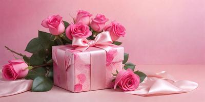 The primary subject of the image is a pink box with a bow on top, containing a bouquet of pink roses. The setting is a pink background, which adds to the overall mood of the scene. The visual style is a combination of photo and digital art, creating a realistic yet artistic representation of the pink box and roses. The colors and mood of the image are predominantly pink, which gives it a warm and inviting atmosphere.