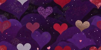 The primary subject of the image is a purple heart-shaped pattern. The setting is a purple background, and the visual style is a digital art illustration. The dominant colors are purple and red, creating a warm and inviting atmosphere.