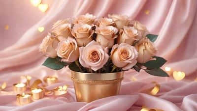 The primary subject of the image is a vase filled with pink roses. The vase is placed on a pink background, which adds a warm and romantic touch to the scene. The visual style of the image is a close-up of the vase and the roses, showcasing the details of the flowers and the vase's design. The colors and mood of the image are predominantly pink, which is associated with love, affection, and romance.