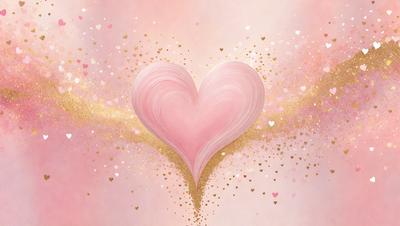 The primary subject of the image is a heart-shaped object, which is the main focus of the image. The heart is pink and appears to be made of gold glitter. The setting is a pink background, which complements the heart's color. The visual style of the image is digital art, as it is a well-crafted and detailed illustration. The colors and mood of the image are warm and inviting, with the pink heart and gold glitter creating a sense of love and affection.