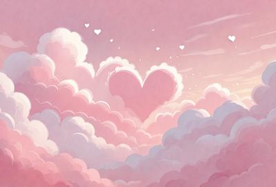The primary subject of the image is a heart-shaped cloud, which is floating in a pink sky. The setting is a cloudy sky, and the visual style is a digital art or illustration. The colors and mood of the image are predominantly pink, creating a warm and romantic atmosphere.