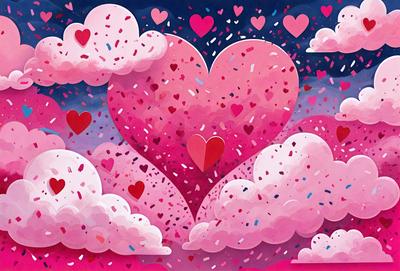 The primary subject of the image is a large, heart-shaped cloud. The cloud is pink and is surrounded by other clouds, creating a visually appealing scene. The setting appears to be a cloudy sky, and the visual style is a combination of digital art and illustration. The dominant colors in the image are pink and white, creating a warm and cheerful atmosphere.
