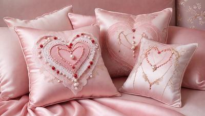 The primary subject of the image is a heart-shaped pillow with a pink background. The heart is decorated with pearls and red beads, giving it a unique and elegant appearance. The heart-shaped pillow is placed on a pink surface, which complements the heart's design. The overall atmosphere of the image is warm, romantic, and inviting.