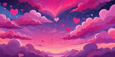 The primary subject of the image is a heart-shaped cloud in the sky. The setting is a pink and purple sky, which creates a warm and romantic atmosphere. The visual style is a digital art or illustration, as the heart-shaped cloud is depicted in a creative and artistic manner. The colors and mood of the image are predominantly pink and purple, giving it a dreamy and whimsical feel.