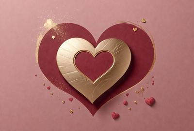 The primary subject of the image is a gold heart-shaped decoration, which is placed on a pink background. The heart is made of gold foil and is the main focus of the image. The setting is a pink surface, which adds a warm and romantic atmosphere to the scene. The visual style of the image is a combination of digital art and illustration, as the gold heart is skillfully crafted and placed on the pink background. The colors and mood of the image are predominantly warm and inv