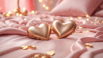 The primary subject of the image is a pair of gold heart-shaped earrings. The setting is a pink background, which adds a warm and romantic touch to the scene. The visual style is a close-up of the earrings, showcasing their intricate details. The colors and mood of the image are predominantly pink, which evokes feelings of love and affection.