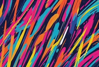 The primary subject of the image is a colorful, abstract painting featuring a mix of bright colors and swirling patterns. The setting is a blue background, which contrasts with the vibrant colors of the painting. The visual style is a combination of digital art and illustration, creating a dynamic and eye-catching piece of art. The dominant colors in the painting are orange, blue, and yellow, which contribute to a lively and energetic atmosphere.