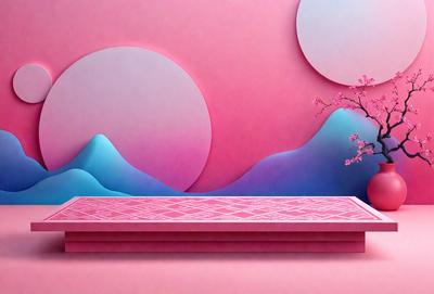 The primary subject of the image is a bed with a pink and blue color scheme. The bed is placed on a pink surface, and it is surrounded by a beautifully designed pink and blue mountain scene. The visual style of the image is a combination of photo and digital art, creating a unique and eye-catching design. The colors and mood of the image are vibrant and lively, with the pink and blue hues evoking a sense of warmth and tranquility.