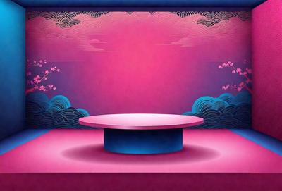 The primary subject of the image is a large, round, pink and blue table. The table is placed in a pink room with a purple background. The visual style of the image is digital art, and the colors and mood convey a sense of warmth and vibrancy.