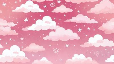 The image features a pink and white sky filled with clouds and stars. The clouds are scattered throughout the sky, with some appearing larger and more prominent than others. The stars are positioned in various locations, adding a sense of depth and dimension to the scene. The overall atmosphere is bright and cheerful, with the pink and white color palette creating a warm and inviting mood.
