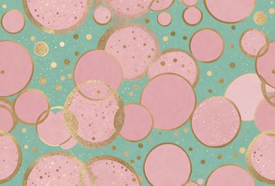 The primary subject of the image is a pattern of pink and gold circles. The setting is a blue background, which creates a contrasting and visually appealing effect. The visual style is a combination of digital art and illustration, giving the image a unique and artistic appearance. The dominant colors are pink and gold, creating a warm and inviting atmosphere.