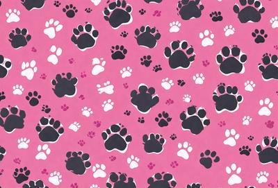 The primary subject of the image is a pattern of black and white paw prints on a pink background. The setting is a pink fabric, and the visual style is a combination of a photo and digital art. The colors and mood of the image are predominantly pink and white, creating a warm and inviting atmosphere.