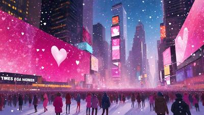 The image is a digital artwork featuring a large crowd of people standing on a snow-covered street in a city. The people are wearing pink clothing, and the scene is set against a backdrop of tall buildings. The overall atmosphere is festive and joyful, with the pink hearts scattered throughout the image adding to the cheerful ambiance.