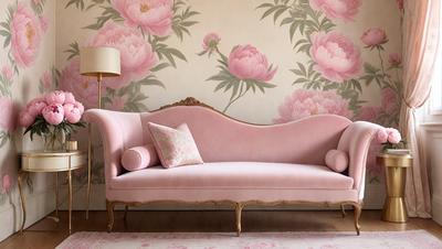The primary subject of the image is a pink couch with a floral pattern on the wall behind it. The setting is a room with a wooden floor, and the visual style appears to be a photo. The dominant colors in the image are pink and white, creating a warm and inviting atmosphere.