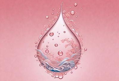 The primary subject of the image is a water drop with a flower design on it. The setting is a pink background, which adds a warm and inviting atmosphere to the scene. The visual style is a combination of digital art and illustration, creating a unique and artistic representation of the water drop. The colors and mood convey a sense of tranquility and beauty, as the water drop and flower design work together to create a captivating and visually appealing image.
