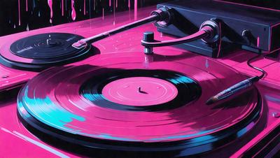 The primary subject of the image is a pink record player with a record on it. The setting is a pink background, which adds a vibrant and unique touch to the scene. The visual style is a combination of digital art and illustration, creating a colorful and eye-catching image. The colors and mood of the image are predominantly pink, giving it a warm and inviting atmosphere.