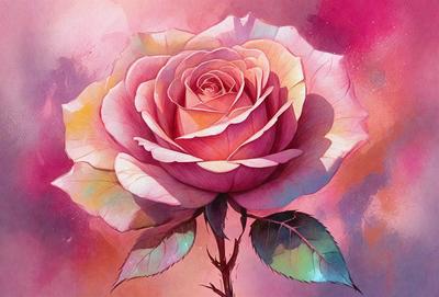 Primary subject: A single pink rose with green leaves.

Setting/background: The rose is placed on a pink background, which adds a vibrant and warm atmosphere to the image.

Visual style: The image is a painting, showcasing the artist's skill in capturing the beauty of the rose and its surroundings.

Colors and mood: The dominant colors in the image are pink and green, creating a sense of freshness and natural beauty. The overall mood of the