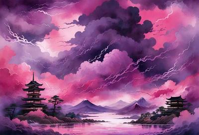 The primary subject of the image is a mountain range with a body of water in the foreground. The setting is a beautiful landscape with a purple sky, and the visual style is a combination of digital art and illustration. The colors and mood of the image are predominantly purple, creating a serene and peaceful atmosphere.