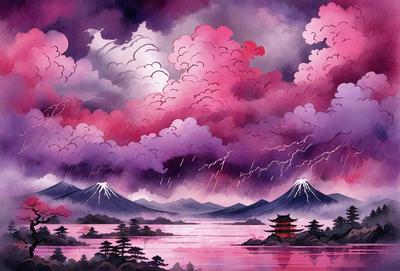 The primary subject of the image is a beautifully drawn illustration of a cloudy sky with a pink hue, featuring a mountain range and a lake. The setting is a serene landscape with a mountain range in the background and a lake in the foreground. The visual style is a combination of digital art and illustration, creating a vibrant and captivating scene. The colors and mood of the image are predominantly pink, which adds a sense of warmth and tranquility to the scene.
