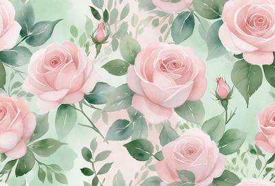 The primary subject of the image is a bouquet of pink roses. The setting is a pink and green floral background, which adds a vibrant and lively atmosphere to the scene. The visual style is a combination of watercolor and digital art, creating a unique and artistic representation of the roses. The colors and mood of the image are predominantly pink and green, evoking a sense of freshness and natural beauty.