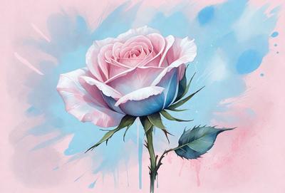 The primary subject of the image is a single pink rose with blue accents. The rose is prominently displayed in the foreground, with a blue background and a green leaf. The visual style of the image is a painting, which adds a sense of artistic expression and depth to the scene. The colors and mood of the image are predominantly pink and blue, creating a serene and calming atmosphere.