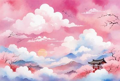 The primary subject of the image is a beautifully drawn Asian-style pagoda, which is situated in a serene, cloudy landscape. The pagoda is surrounded by trees and mountains, creating a picturesque scene. The visual style of the image is a combination of digital art and illustration, giving it a unique and artistic appearance. The colors and mood of the image are predominantly pink and purple, which adds a sense of tranquility and harmony to the scene.