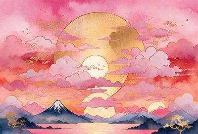 The primary subject of the image is a beautifully illustrated scene of a sunset over a body of water, with a mountain in the background. The setting is a serene and picturesque landscape, with the sun setting behind the mountain. The visual style is a combination of digital art and illustration, creating a vibrant and captivating atmosphere. The colors and mood of the image are predominantly warm and inviting, with the sunset casting a golden glow over the scene.