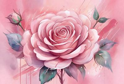The primary subject of the image is a pink rose with a white center, sitting on a pink background. The visual style of the image is a painting, with the rose being the main focus of the artwork. The colors and mood of the image are predominantly pink and soft, creating a sense of warmth and beauty.